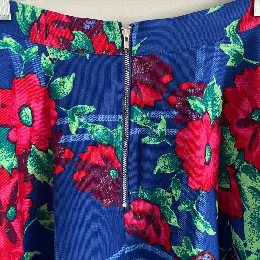 Plenty by Tracy Reese Full Circle Skirt‎ Blue Red Windowpane Floral Midi 12  NWT